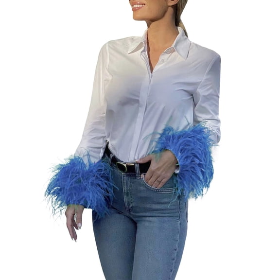Womens Tee Fashion Solid Turndown Feather Long Sleeves Button Loose Womens formal Shirts,Blue,M