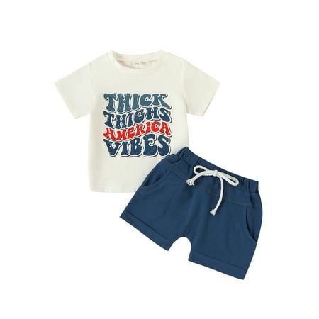 

Wassery 4th of July Infant Baby Boys Clothes Outfits Short Sleeves Round Neck Tops + Solid Color Drawstring Pants 2Pcs for Summer Independence Day Set 0-3T