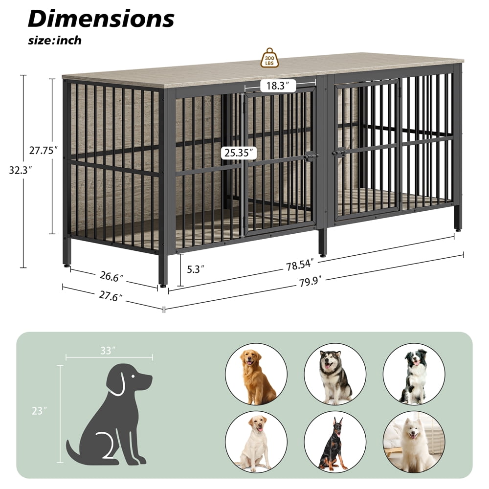80" Dog Crate Furniture,  Heavy Duty Double-Door Dog Indoor Kennel End Table for Decoration & Large Dogs, Gray