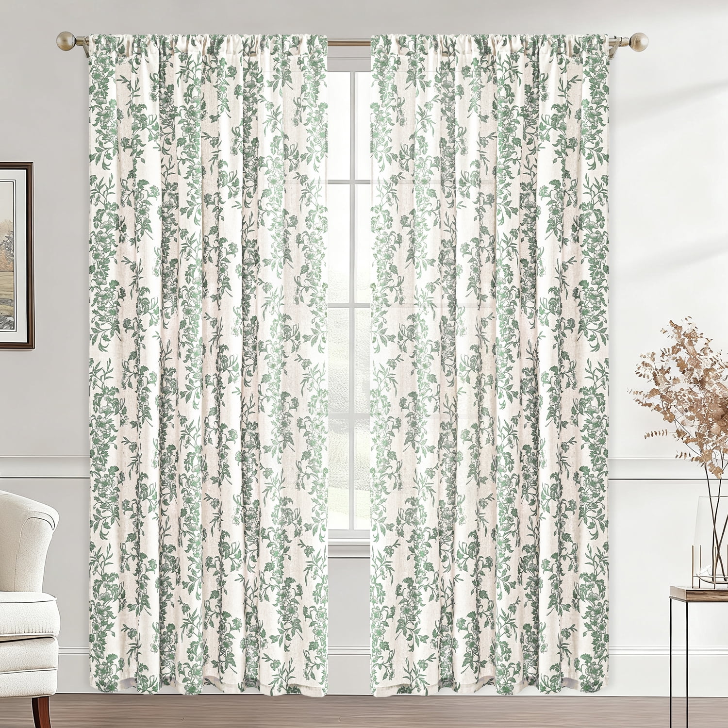 Alishomtll Floral Curtains for Living Room Farmhouse Country Linen Curtains Light Filtering Window Drapes,Sage Green ,52"x84", 2 Panels