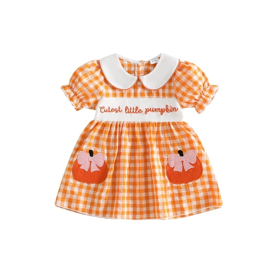 RUINIXCW Toddler Baby Girl Halloween Dress Outfit Infant Baby Girls Summer Fall Clothes Plaid Gingham Dress Puff Short Sleeve Peter Pan Doll Collar Pumpkin Embroidery A Line Dress