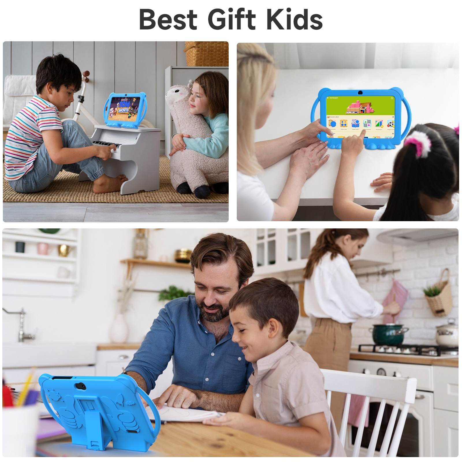 Kids Tablets 7 inch, Android 12 Tablet for Kids, 4GB RAM 32GB ROM, 512GB Expandable, with Parental Control, Google Certified Toddler Tablet, WiFi, Bluetooth, Dual Camera with Silicone Case,Blue