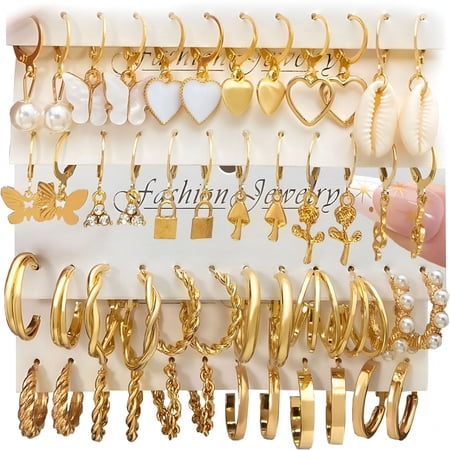 DESIGNICE 24 Pairs Gold Hoop Earrings Set for Women Hypoallergenic Chunky Chain Twisted Open Hoops Dangle Earring Packs for Birthday Party Christmas Fashion Jewelry Gift