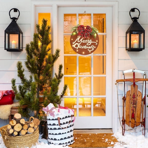 SHILIU-Merry Christmas Sign for Front Door, Wooden Hanging Sign Door Decoration with 12 LED Light, Winter Welcome Wreath indoor outdoor Dcor, Christmas Decoration.