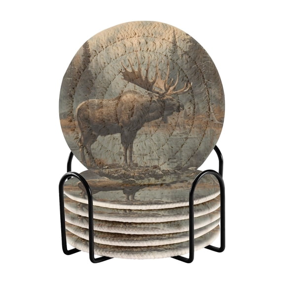 Haosy Set of 6 Drink Woven Coaster with Holder Heat Resistant Non-Slip Bar Coasters 4 Inches Elk at Water Edge in Forest