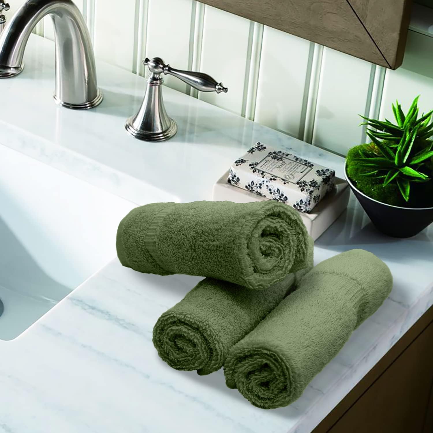 Luxury Hotel &  Collection, 100% Turkish Cotton 700 GSM Cloth, for Body wash, Makeup Remover & Cleaning, Baby, face, Dobby Border Soft washcloths Towel Set 13" X 13", Moss, Set of 6