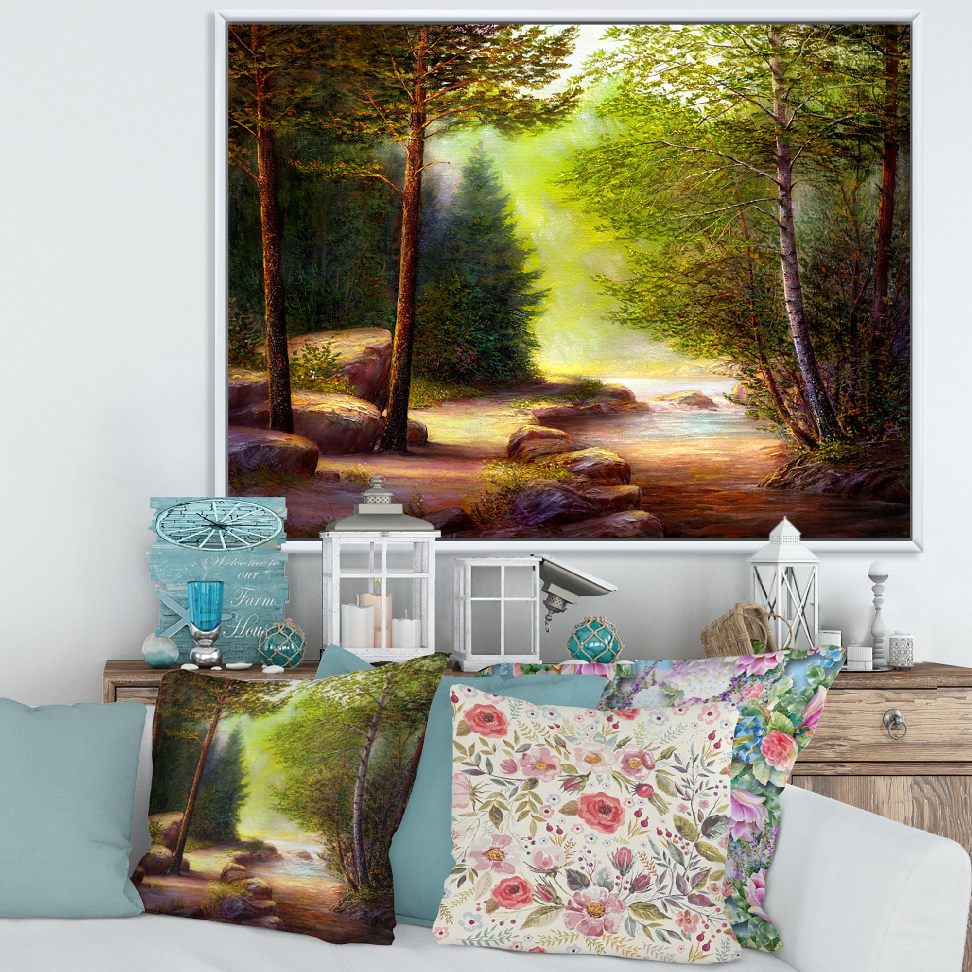 Designart 'Sunrise Glow Through The Spring Trees' Lake House Framed Canvas Wall Art Print