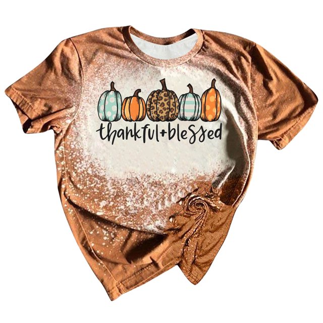 Camisas de Acción de Gracias Para Mujer, Cuello Redondo, Estampado de Calabaza, Camisetas de Manga Corta, Blusas Odeerbi ODB204963