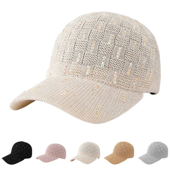 Summer Sales LSONABXA Saving $5 Beige Baseball Caps for Women Vertical Pearl Knit Baseball Cap Fresh Casual Hat Muslim Hat for Women