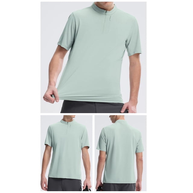 Camisas Elvqul Hombre Casuales Manga Corta Verde Con Bolsillos Cuello Mao Liso Deportivas