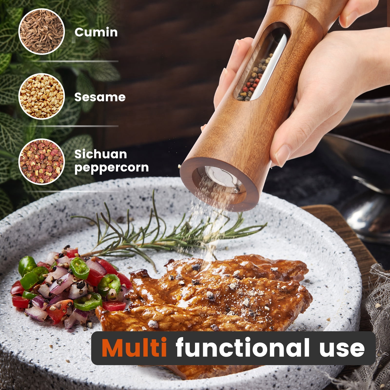 2 PCS Acacia Wooden Salt and Pepper Grinder Set 7.87 Inch Refillable Salt and Pepper Shakers with Clear View Window Ceramic Grinder, Adjustable Coarseness Tray + Cleaning Brush + Wooden Spoon