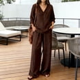 thumbnail image 2 of Linen Sets For Women 2 Piece Summer Long Sleeve V Neck Shirts Matching Wide Leg Lounge Pants Resort Beach Vacation Outfits/Brown/XL, 2 of 4