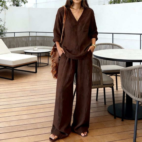 Linen Sets For Women 2 Piece Summer Long Sleeve V Neck Shirts Matching Wide Leg Lounge Pants Resort Beach Vacation Outfits