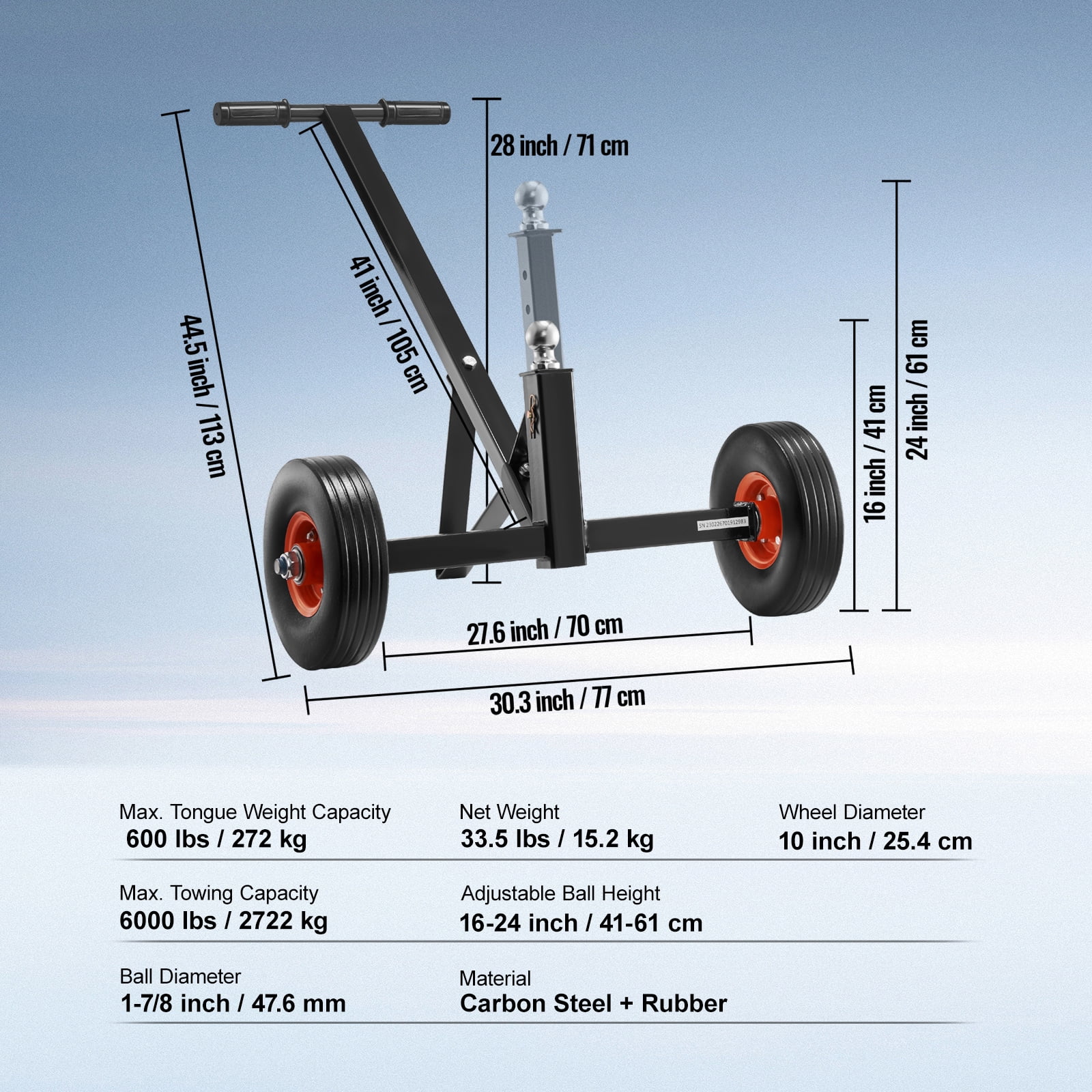 VEVOR Adjustable Trailer Dolly, 600lbs Tongue Weight Capacity, Carbon Steel Trailer Mover with 16''-24'' Adjustable Height, 1-7/8'' Hitch Ball & 10'' Solid Tires