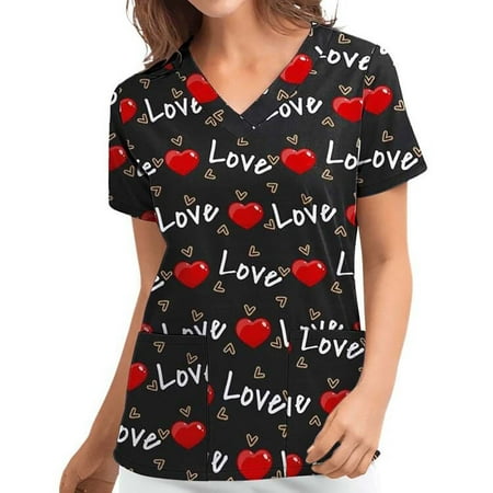 

Zeceouar scrubs tops for women designs plus size Scrub Shirts V-neck valentines day gifts Printing Short Sleeve Nursing Working Uniform Tops with pocket