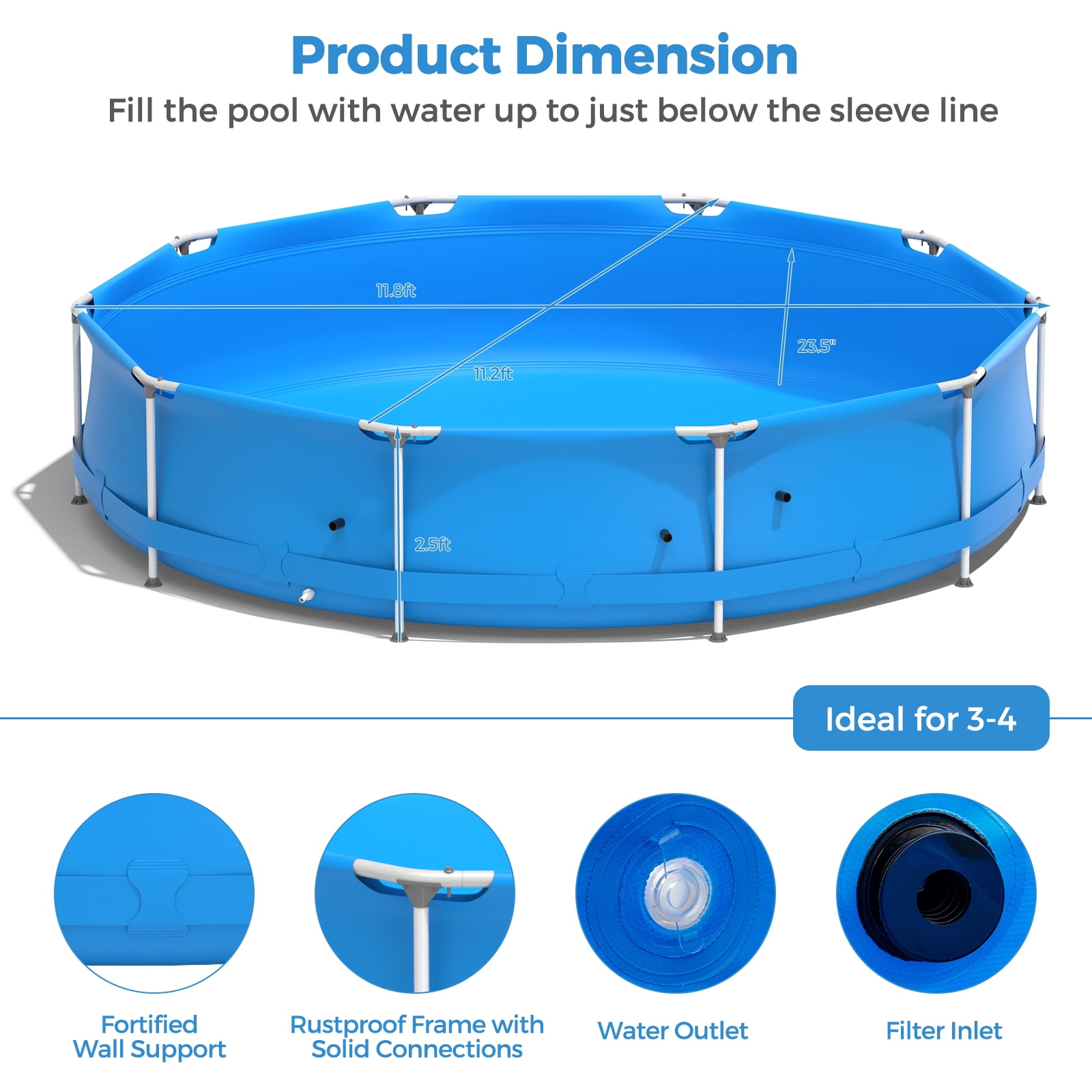 Infans Round Above Ground Swimming Pool Patio Frame Pool W/ Pool Cover Iron Frame Blue