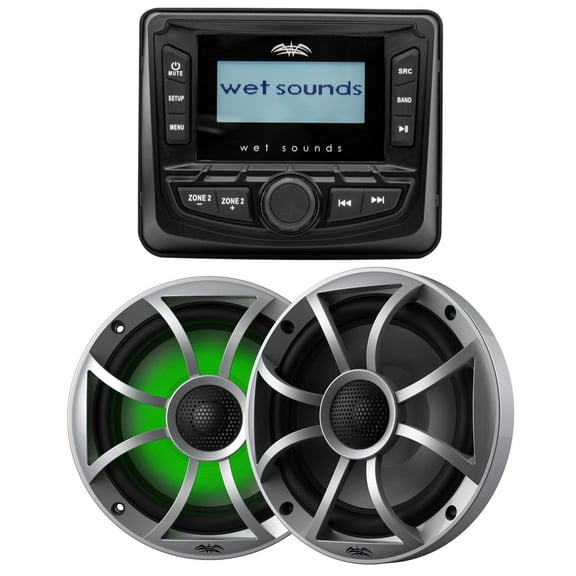 Wet Sounds WS-MC-5 3" Gauge style AM/FM Stereo with 2.7" LCD Display with 1 Pair Wet Sounds RECON 6-S RGB LED 6.5" 60-Watt RMS Coaxial Speakers With Silver XS Grilles (Pair)