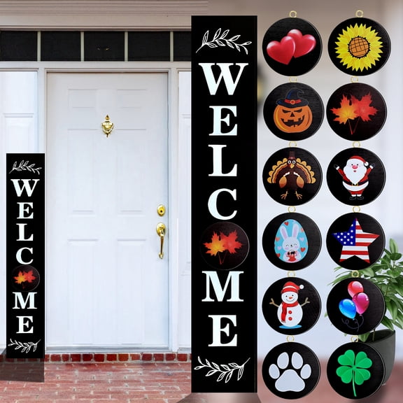 XALMERIQ Welcome Sign for Front Door Porch Standing, Interchangeable 47 x 7.9 Inch Outdoor Vertical Wooden Welcome Sign with 12 Seasonal Icons for Spring Fall Christmas Easter Farmhouse Home Decor