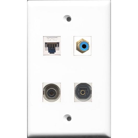 RiteAV 1 Port RCA Blue and 1 Port Toslink and 1 Port 3.5mm and 1 Port Cat5e Ethernet White Wall Plate