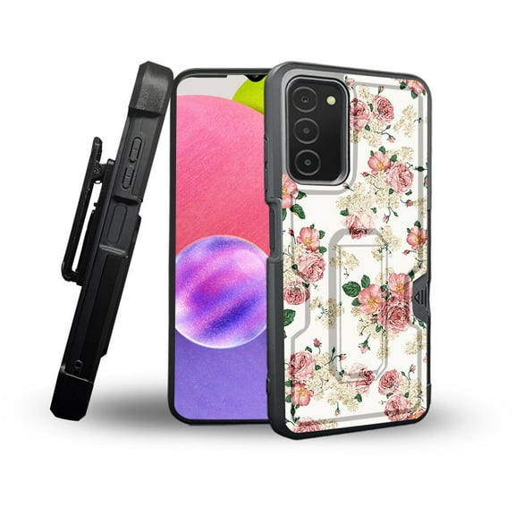 ANJ  Rugged Shockproof Holster Case Card Slot Kickstand   Tempered Glass Cover for Samsung Galaxy A03s - Classic Roses 2