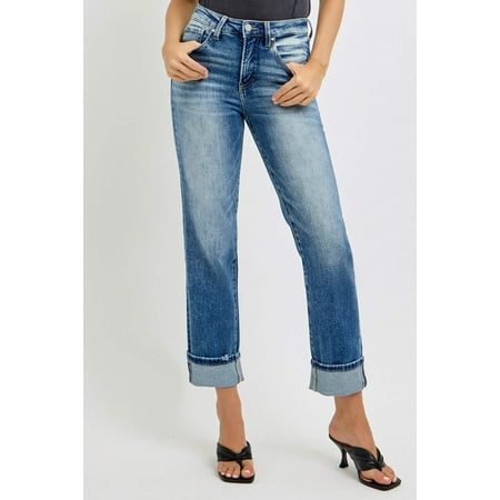 Risen Women's High Rise Crop Straight Roll Up Jeans