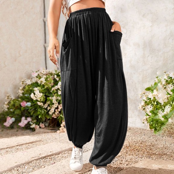Gaecuw Palazzo Pants for Women Relaxed Fit Long Pants Pull On Lounge Trousers Sweatpants Casual Loose Baggy Yoga Pants Mid Waisted Summer Ankle Length Workout Pants with Pockets Solid Athletic Pants
