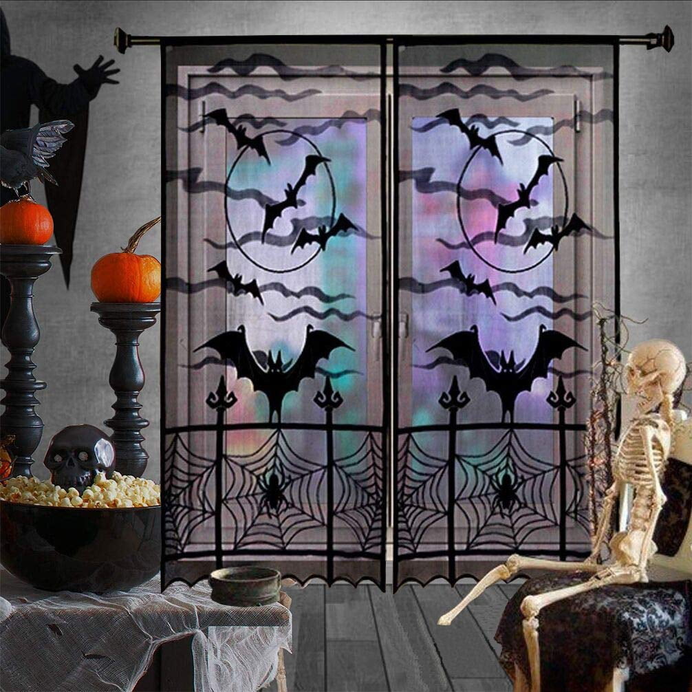Tagital Halloween Black Lace Window Curtain,Halloween Spider  Bats