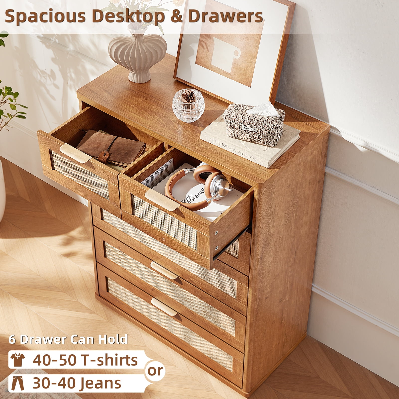 6 Drawer Tall Dressers, Rattan Dresser with Large Storage Space Boho Dressers & Chests of Drawer Wooden Dressers for Bedroom, Tea Brown