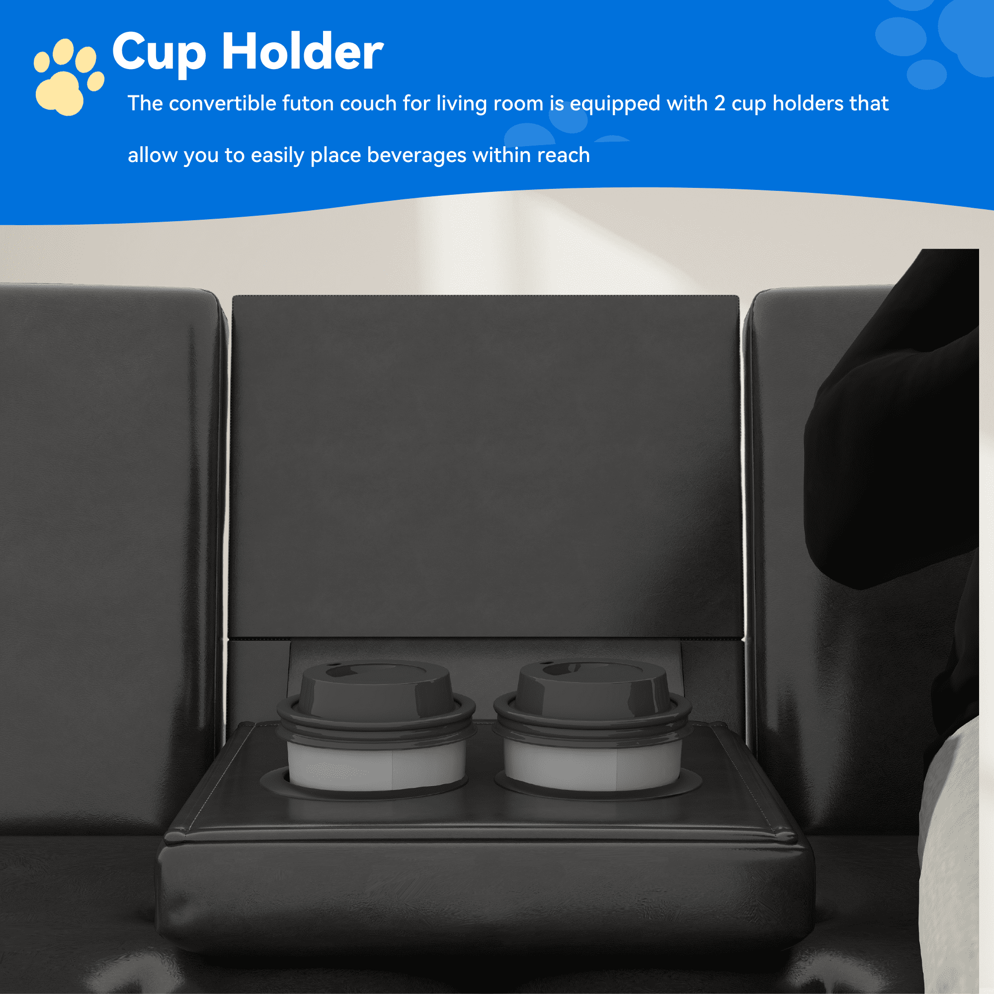Uforic Modern Black Faux Leather Foldable Couch Set, Adjustable Loveseat w/ Detachable Armrests & Dual Cup Holders