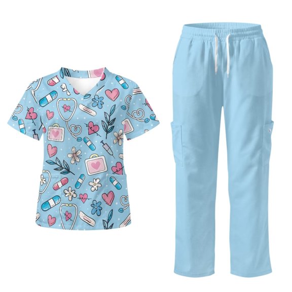 Yspwyqan Scrubs for Women Set, Blue Medical Print V-Neck Short Sleeve Scrub Top & Jogger Pants, Stretchy Breathable Lightweight Uniforms with 6 Pockets for Nurse Work, Size S
