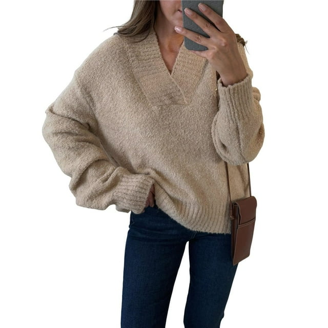 Suéter de Mujer con Cuello en V, Estilo Oversize, Ideal para Otoño. Tejido de Punto Moderno, Informal y Holgado. Larga. Caqui XL