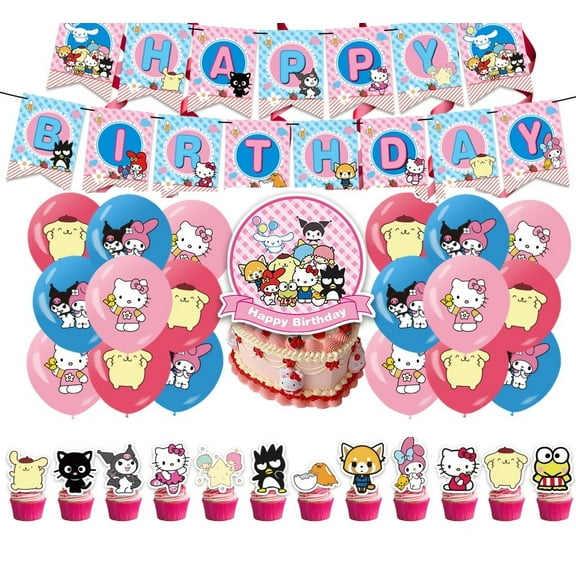 Sanrio Theme Cartoon style Birthday Decoration Kits，Party Supplies for Kids，Including Banner, Balloons, Cake Toppers, Cupcake Toppers.