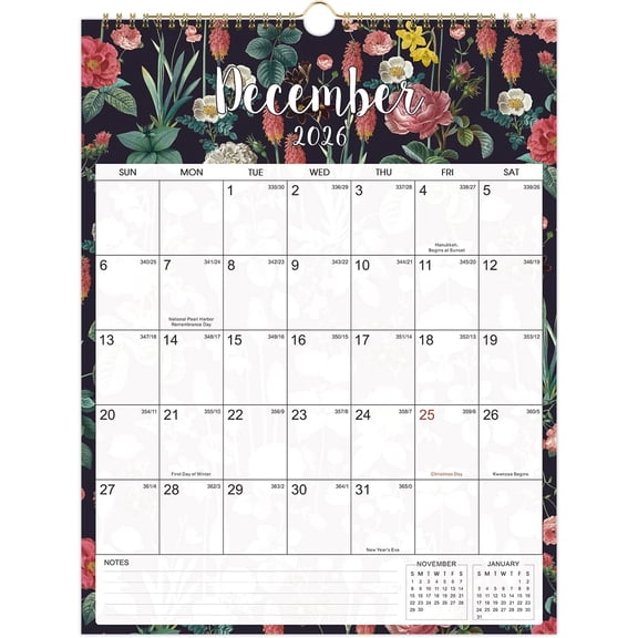 2026 Wall Calendar - 12 Months Calendar from Jan. 2026 - Dec. 2026, 11.4" x 14.6, Floral Wall Calendar 2026 for Home & Office, Large Calendar with Hanging Loop