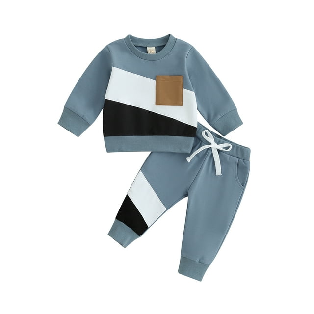Honganda Baby Boy 2 Pcs Outfits Contrasting Color Long Sleeve Sweatshirt Pants for Toddler Tracksuit