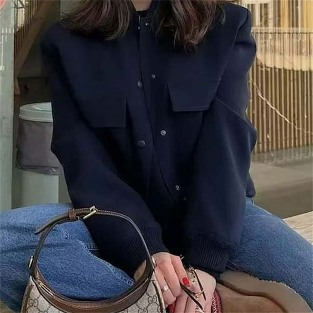 Chaqueta Bomber Para Mujer, Azul, Chaqueta De Piloto, Manga Larga, Con Cremallera, Chaqueta De Aviador, Cómoda, Fina, Chaqueta De Verano, Clásica, Monocolor, Elegante, Informal, Universitaria