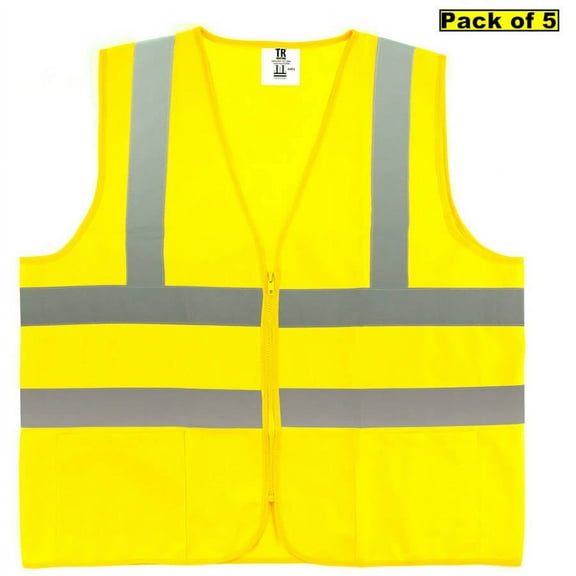 TR Industrial OSHA Class 2 Neon Yellow Zipper Knitted Safety Vest, Size Large, 5pk