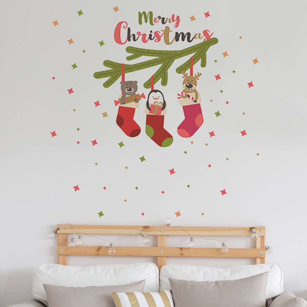 Merry Christmas Socks Stars Wall Sticker Removable Background Glass Decals