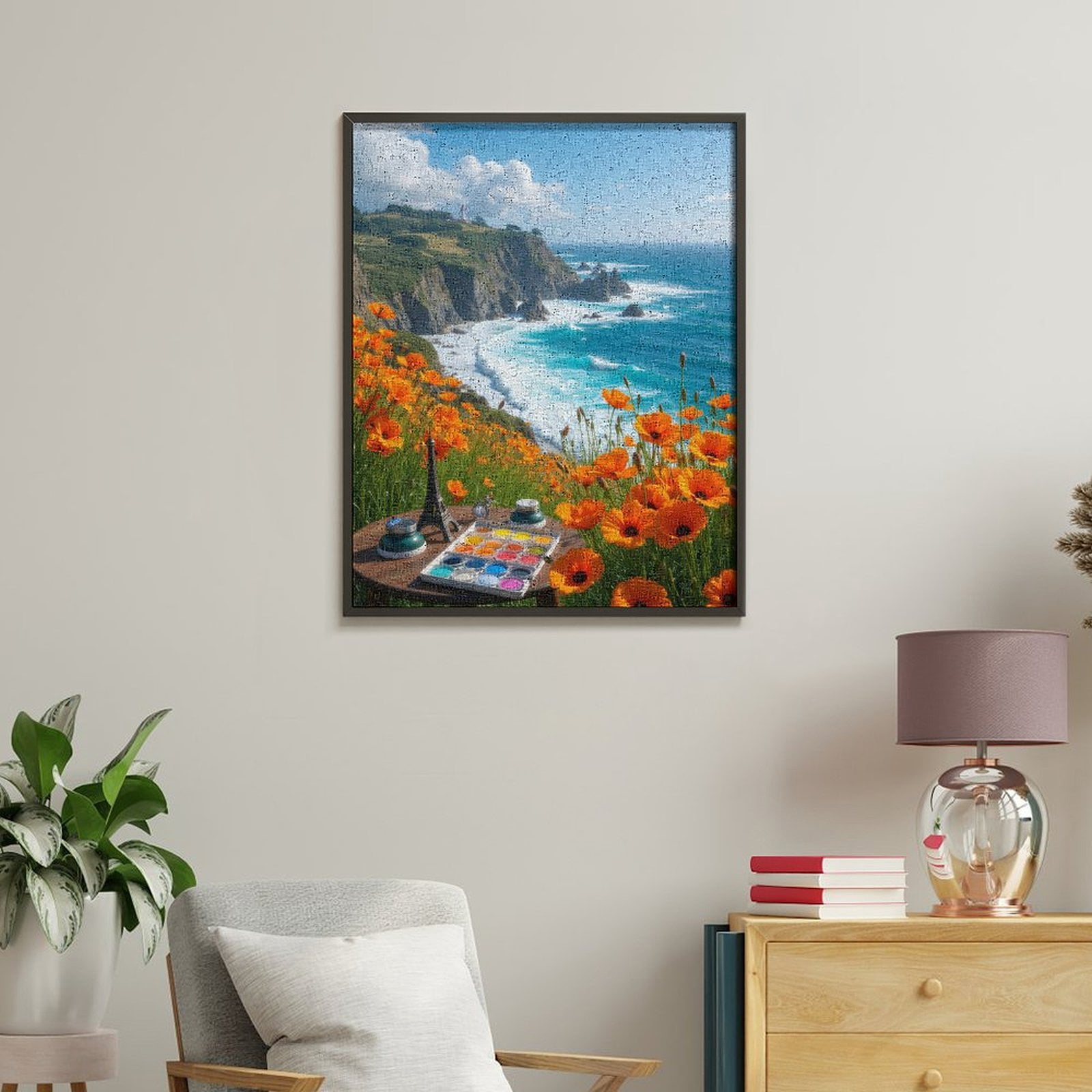 Paint By Numbers Kit for Adults Beginner - Coastal Art Supplies Poppies Cliffs Ocean DIY Canvas Painting Kits for Adults, Frameless Paint By Number for Adults for Home Wall Decor 16x20 Inch