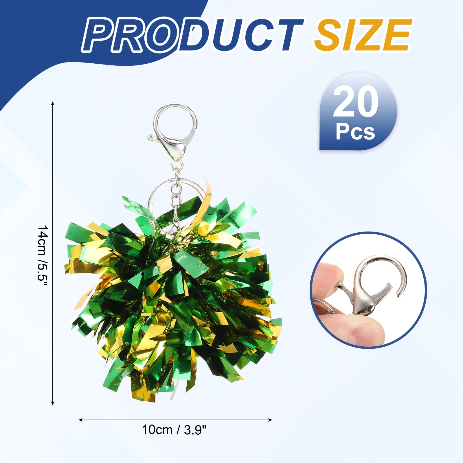 Uxcell 20 Pcs Cheer Pom Pom Keychain Cheerleading Gift Charm Plastic Keyring Bulk for Christmas Green Gold Tone