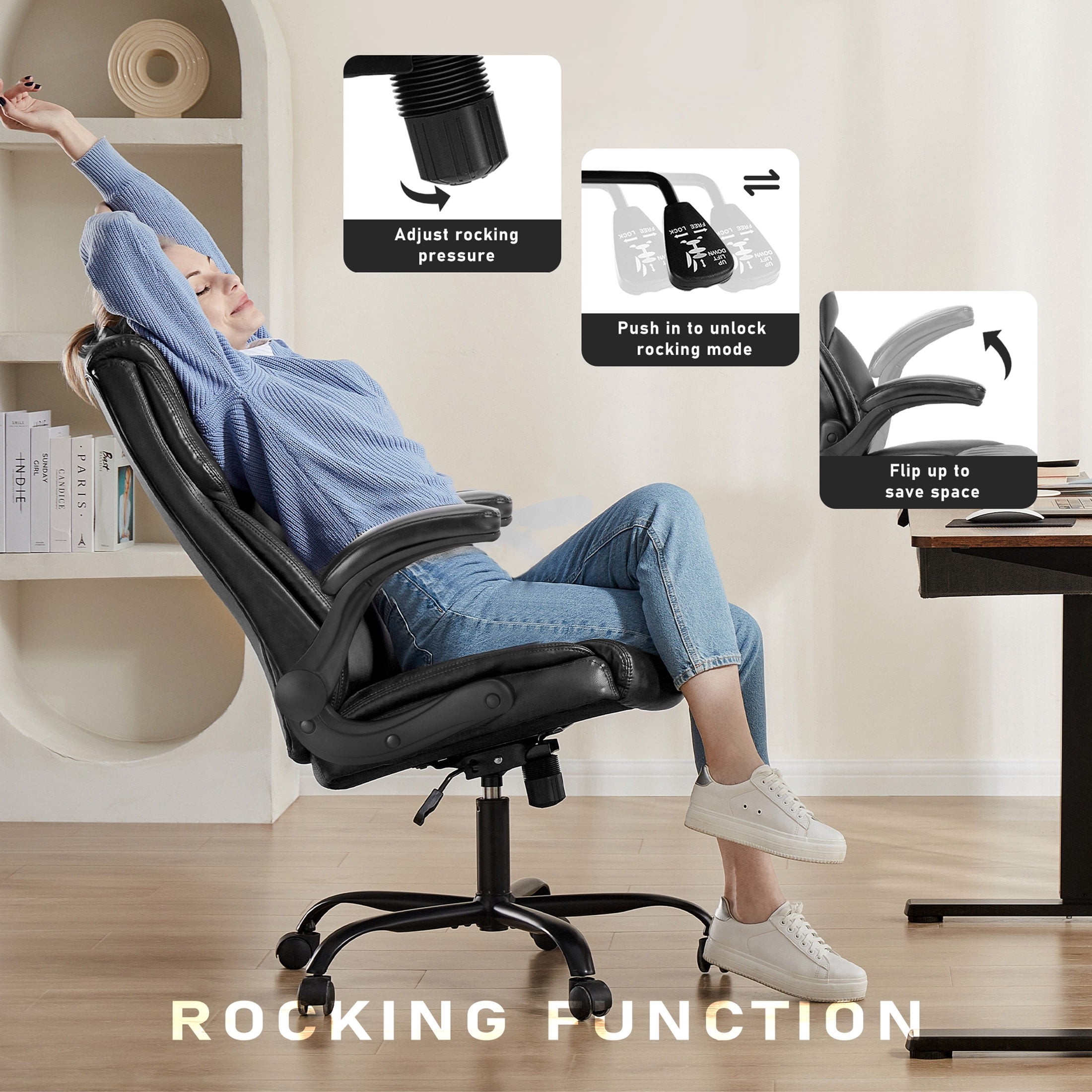 CONCETTA High Back Office Chair,PU Leather Desk Chair with Lumbar Support, Wheels, and Flip-up Armrest, Black