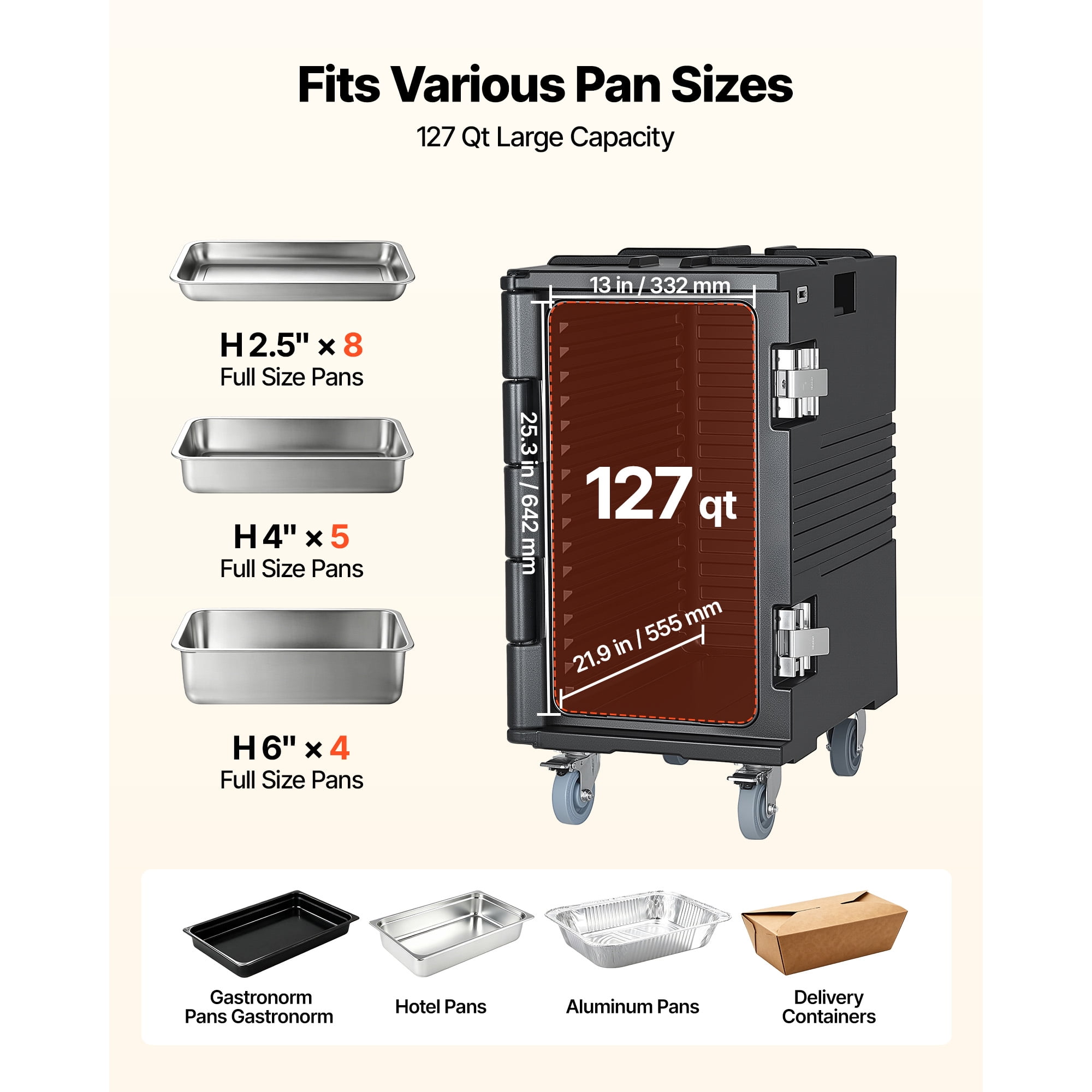 KFFKFF Insulated Food Pan Carrier, 127 Qt Non-Electrical Food Warmer, with Swivel Wheels & Stainless Steel Latch, Durable Stackable Hot Box, Compatible with Various Pan Sizes (Pans Not Included)