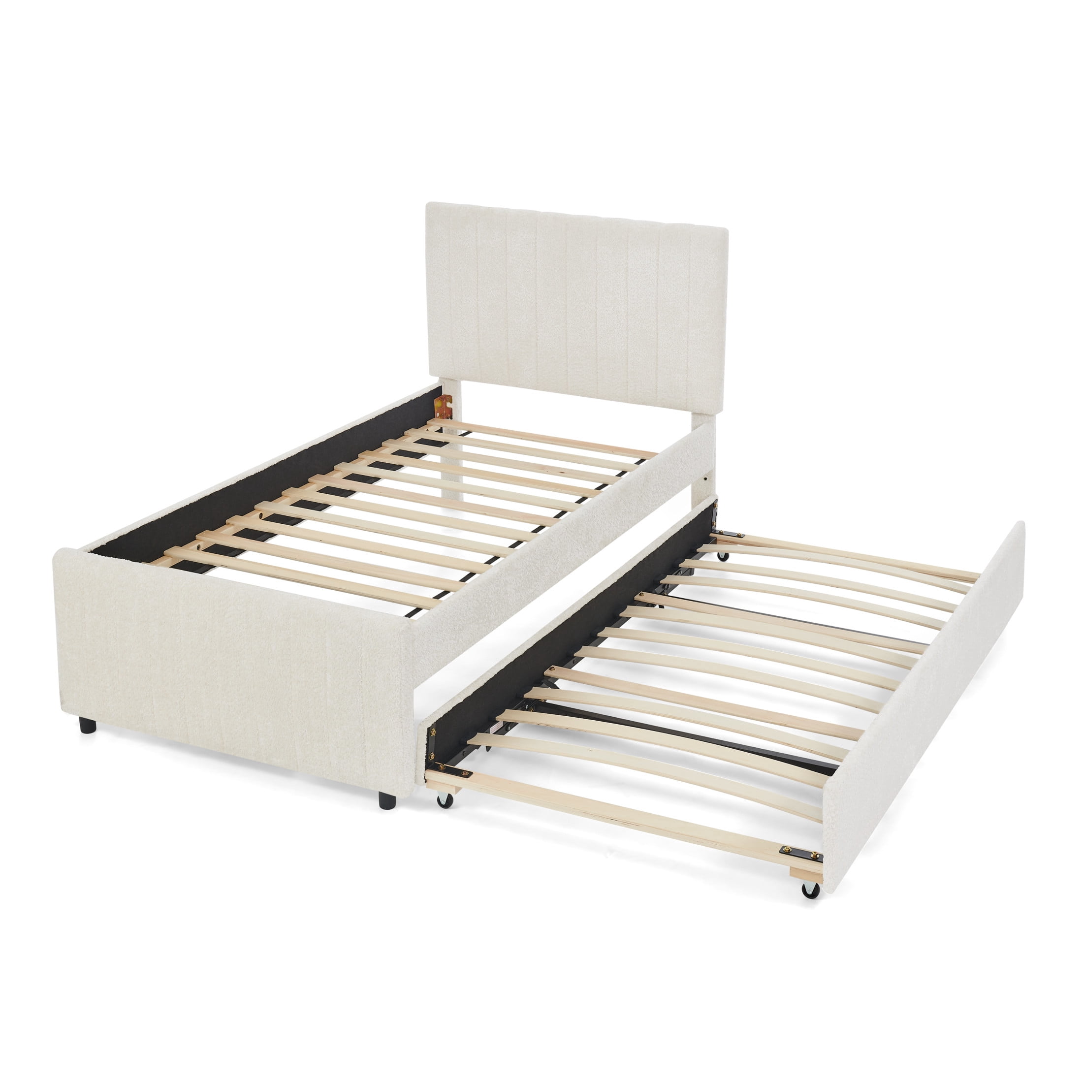 Noble House Fioren Twin Size Chenille Upholstered Bed Frame, Space Saving Daybed with Hidden Trundle, Beige