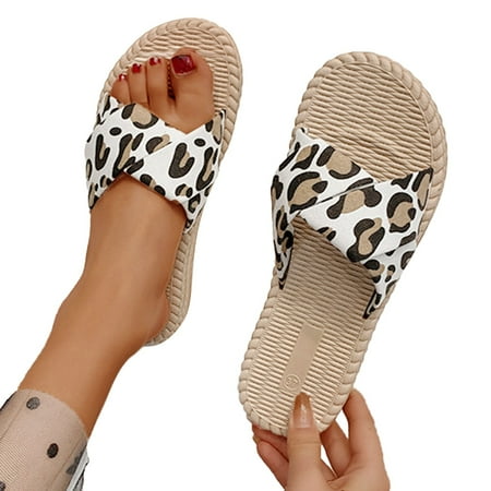 

Sandals Women Ladies Shoes Fashion Flat Slip On Leopard Print Slippers Beach Sandals Womens Sandals Cloth Beige 37