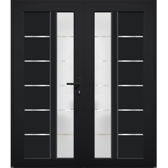 Front Exterior Prehung Metal-Plastic Double Doors / MANUX 8088 Matte Black / Office Commercial and Residential Doors Entrance Patio Garage 72 x 80