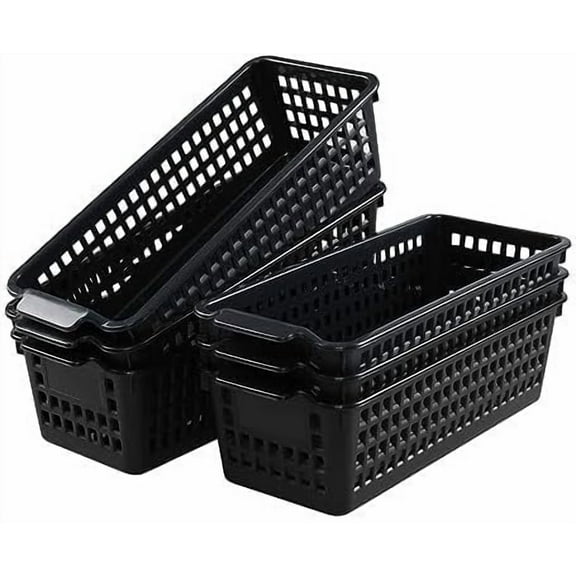 6-Pack Slim Plastic Storage Baskets, Black Plastic Rectangle Storage Baskets