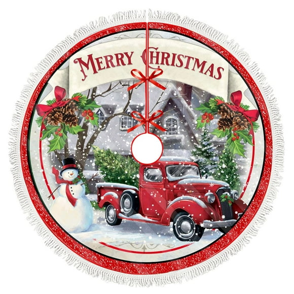 Christmas Snowman Red Truck Decorative Tree Skirt Wrap Christmas Party Decorative Holiday Celebration