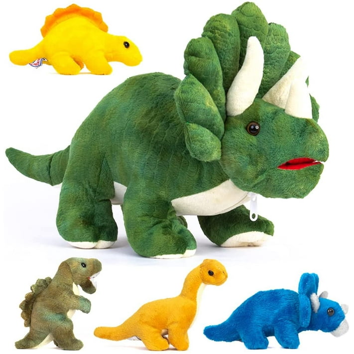 Prextex Triceratops Dinosaur Plush w/ Zippered Pouch & 4 Baby Dino Set ...