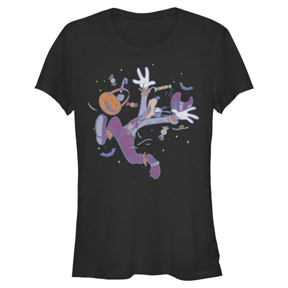 Juniors Mickey & Friends Halloween Goofy Candy Basket Scared Pose T Shirt