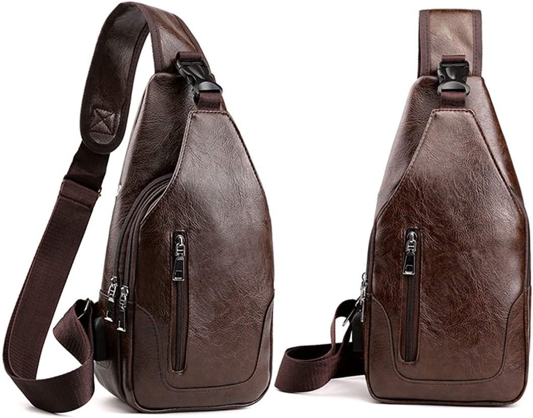 Men Sling Bag Anti Theft Shoulder Bag Small Leather Crossbody Sling Backpack with USB Charge Port