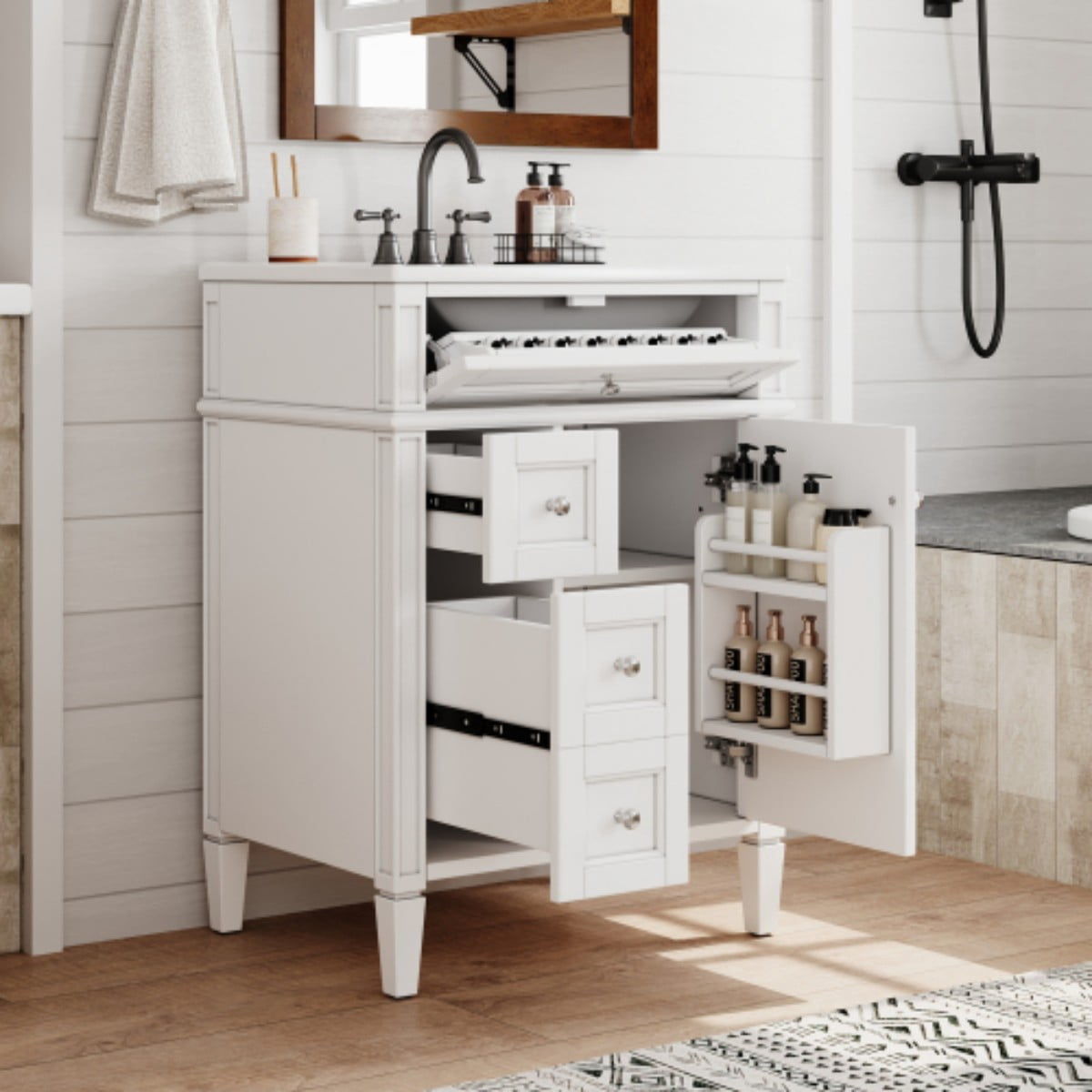 24" Bathroom Vanity with Sink, Modern Freestanding Bathroom Vanity Cabinet with Ceramic Sink, 3 Drawers & Tip-Out Drawer, Adjustable Shelf, Green Storage Cabinet, White
